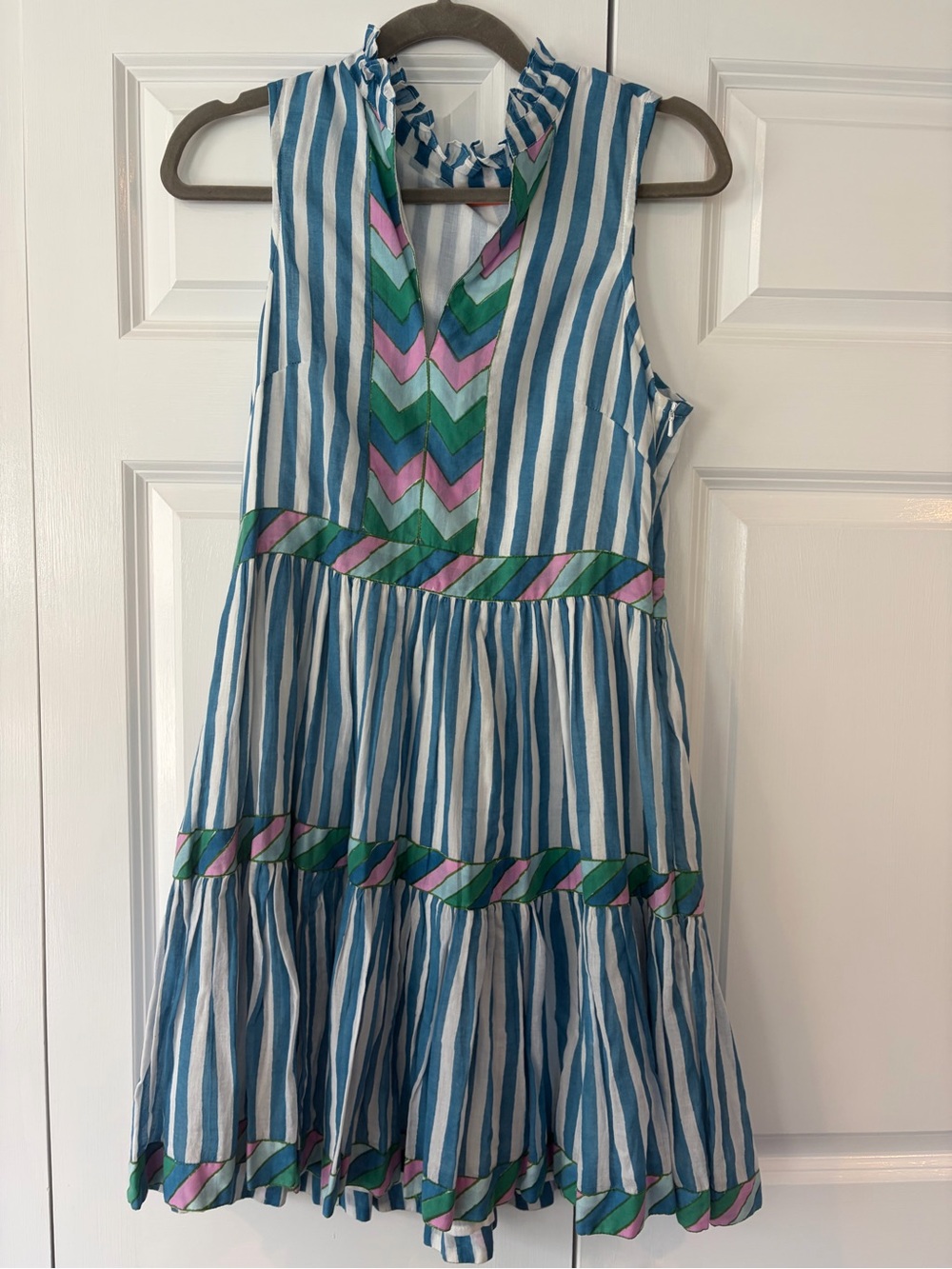 Oliphant Blue & White Stripe Sleeveless Summer Dress with Chevron Trim